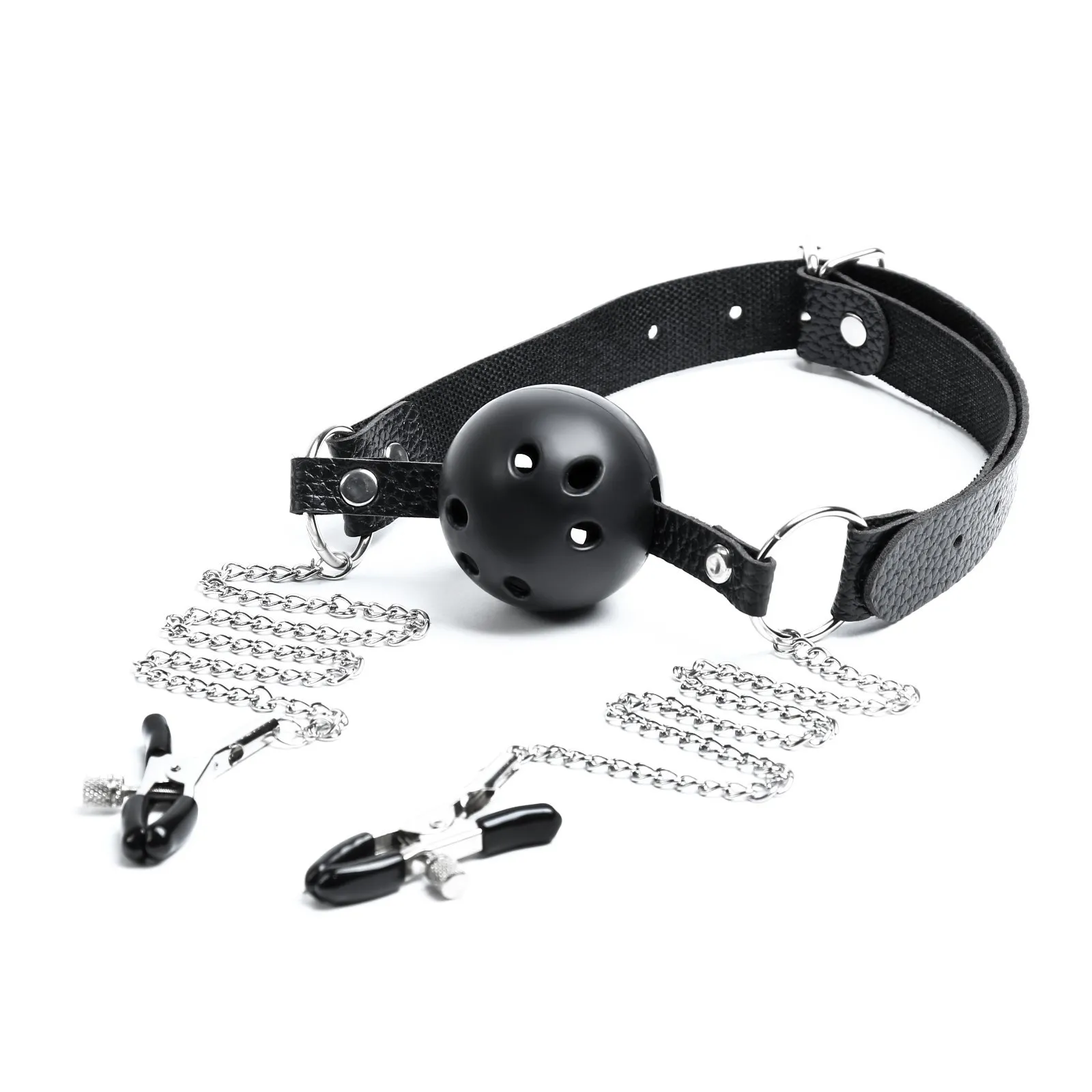 кляп бдсм оки-чпоки, кляп с зажимами для сосков, кожа, металл, черный в Воронеже