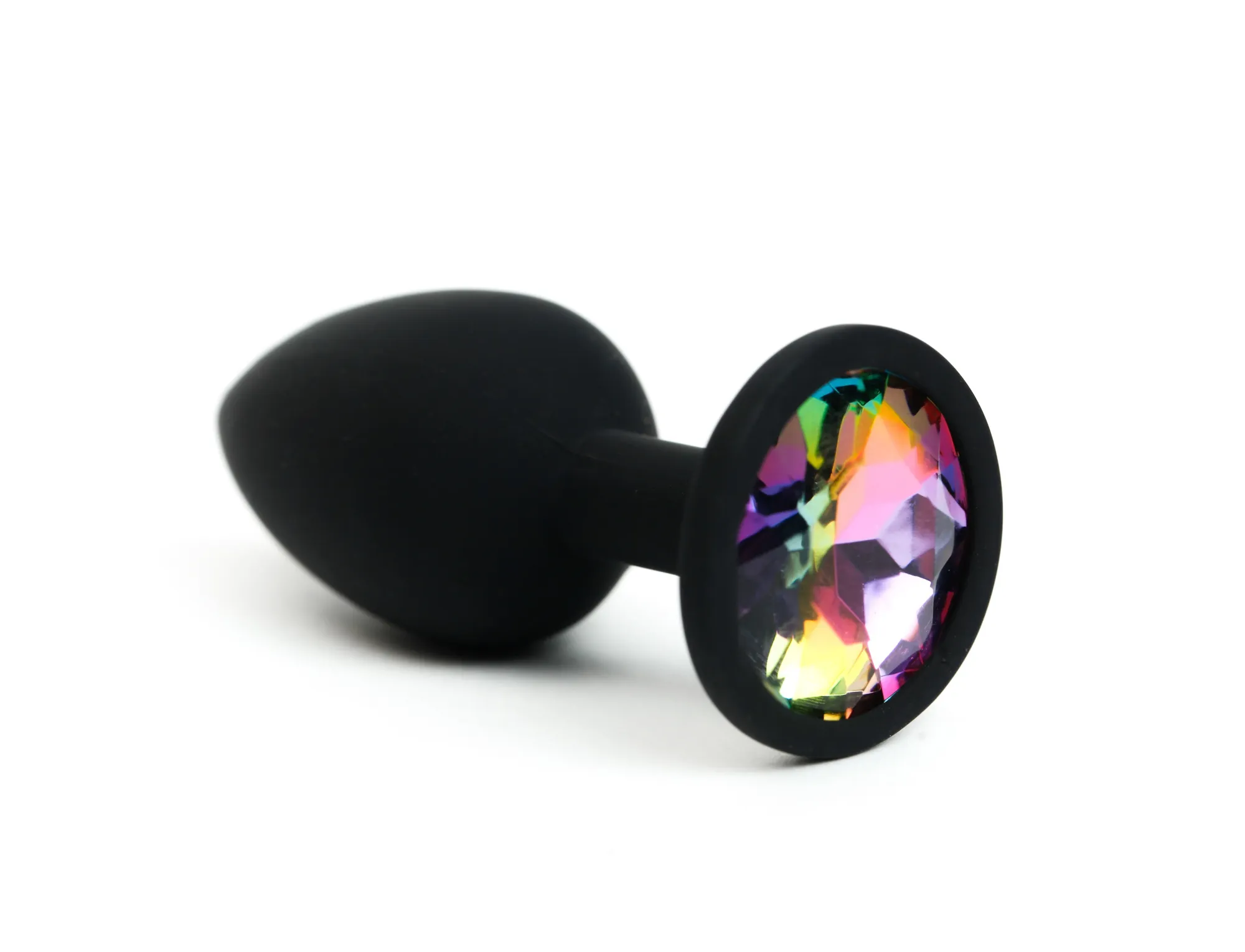 Анальная пробка силиконовая черная с радужным  стразом 7,6х2,8 см 47510-MM