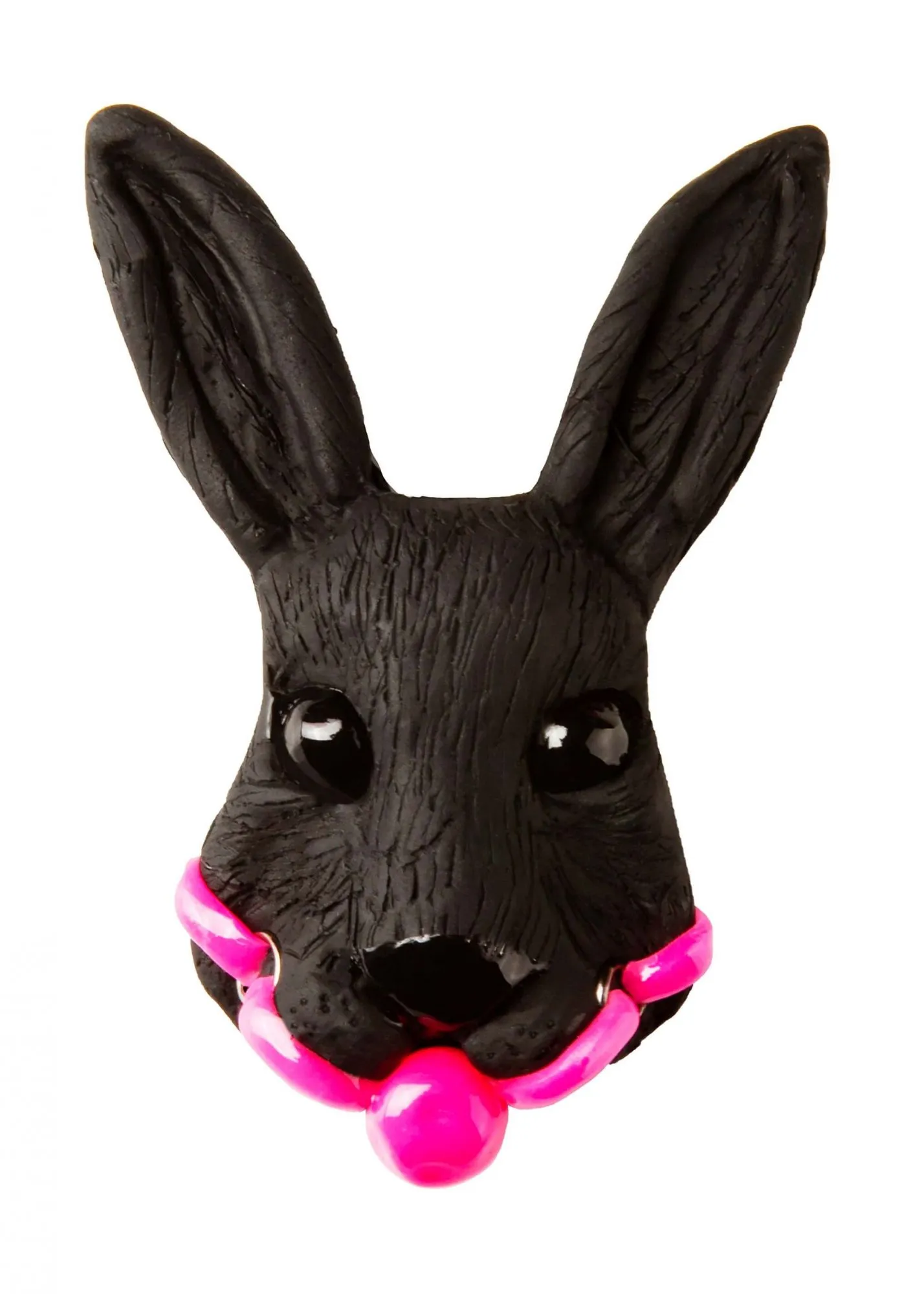 Брошь Черный кролик с розовым кляпом на булавке