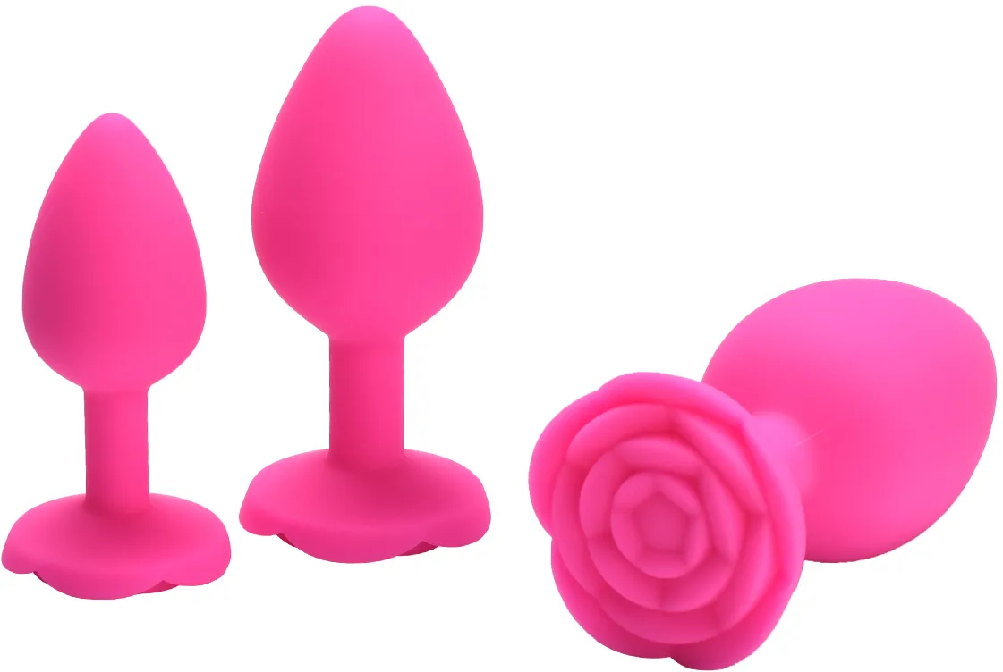 розовая силиконовая анальная пробка с ограничителем в форме розочки (размер м) в Воронеже