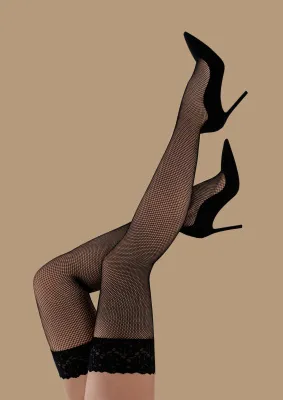 Чулки черные в мелкую сетку с черным кружевом и силиконом, размер 2/3