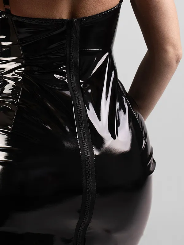 Эротическое платье pinkrabbit из лаковой кожи на молнии, чёрное в Воронеже