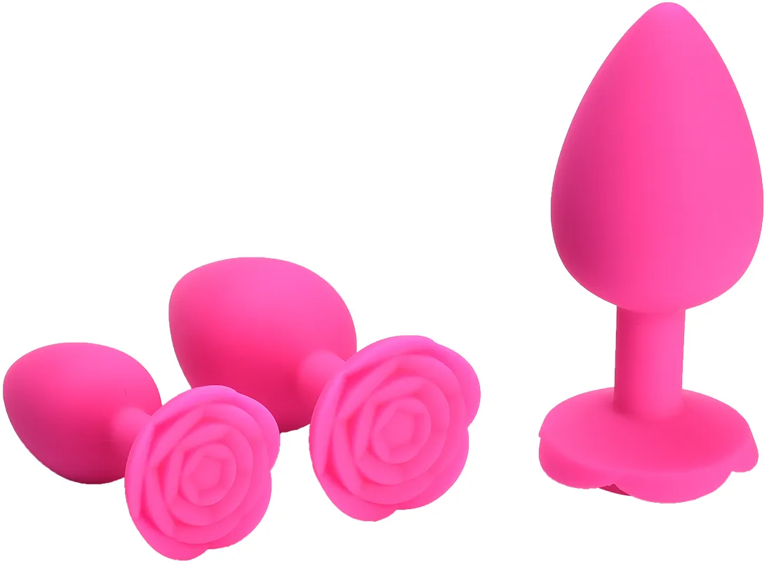 розовая силиконовая анальная пробка с ограничителем в форме розочки (размер м) в Воронеже