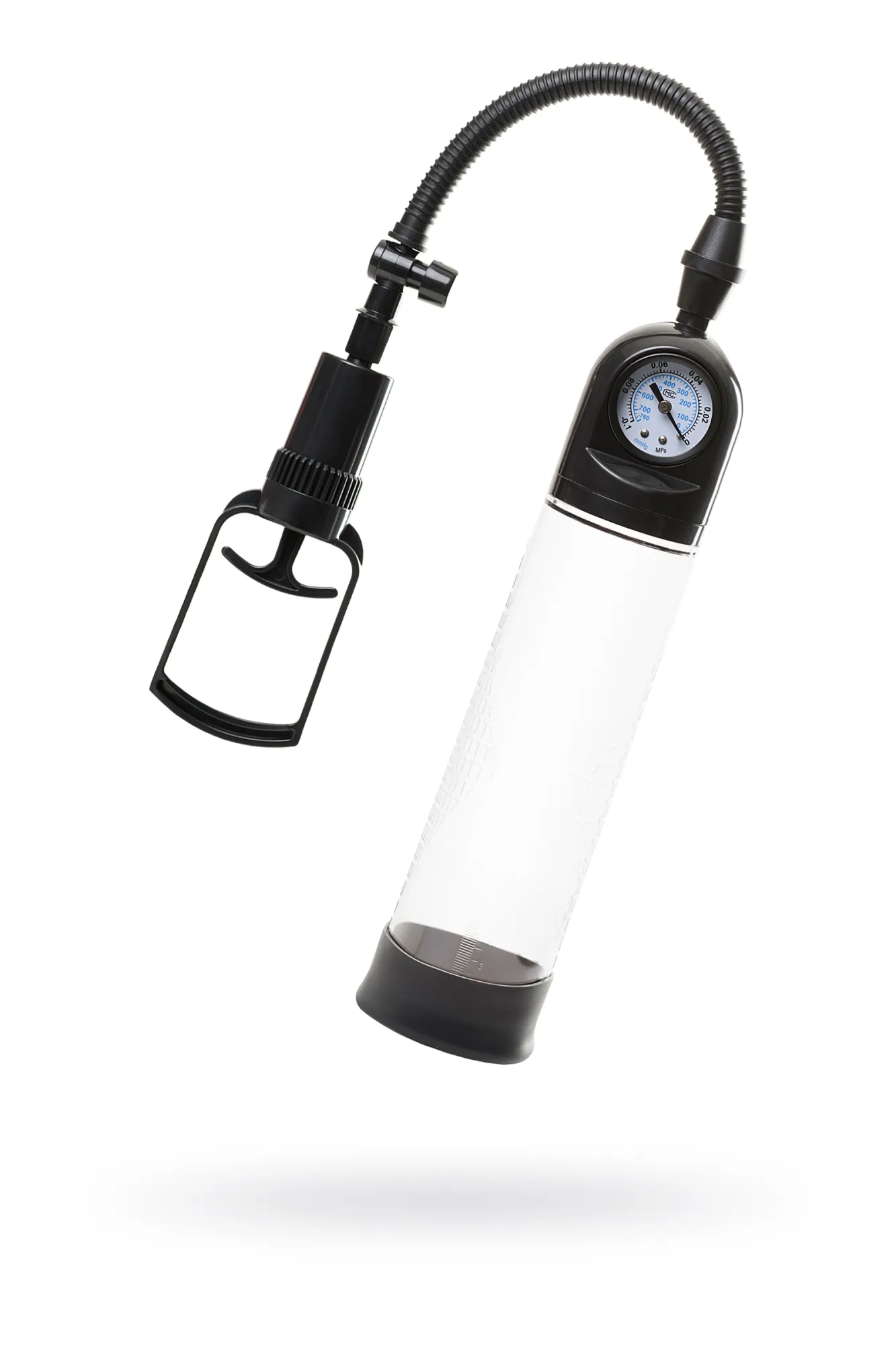 Помпа для пениса Штучки-дрючки вакуумная, с манометром, чёрная, 20 см