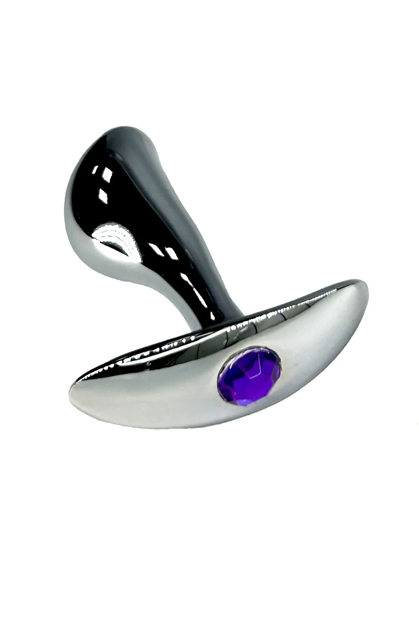 Серебристая изогнутая анальная пробка для ношения c фиолетовым кристаллом (Small)