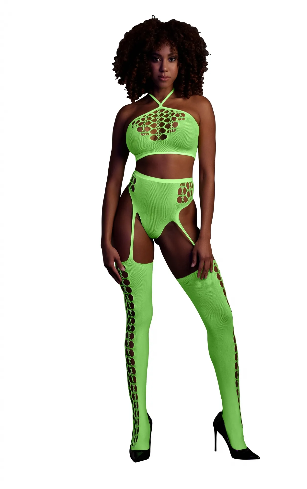 Эротическое топ в комплекте с чулками и трусиками two piece with crop top and stockings - green - xs/xl в Воронеже