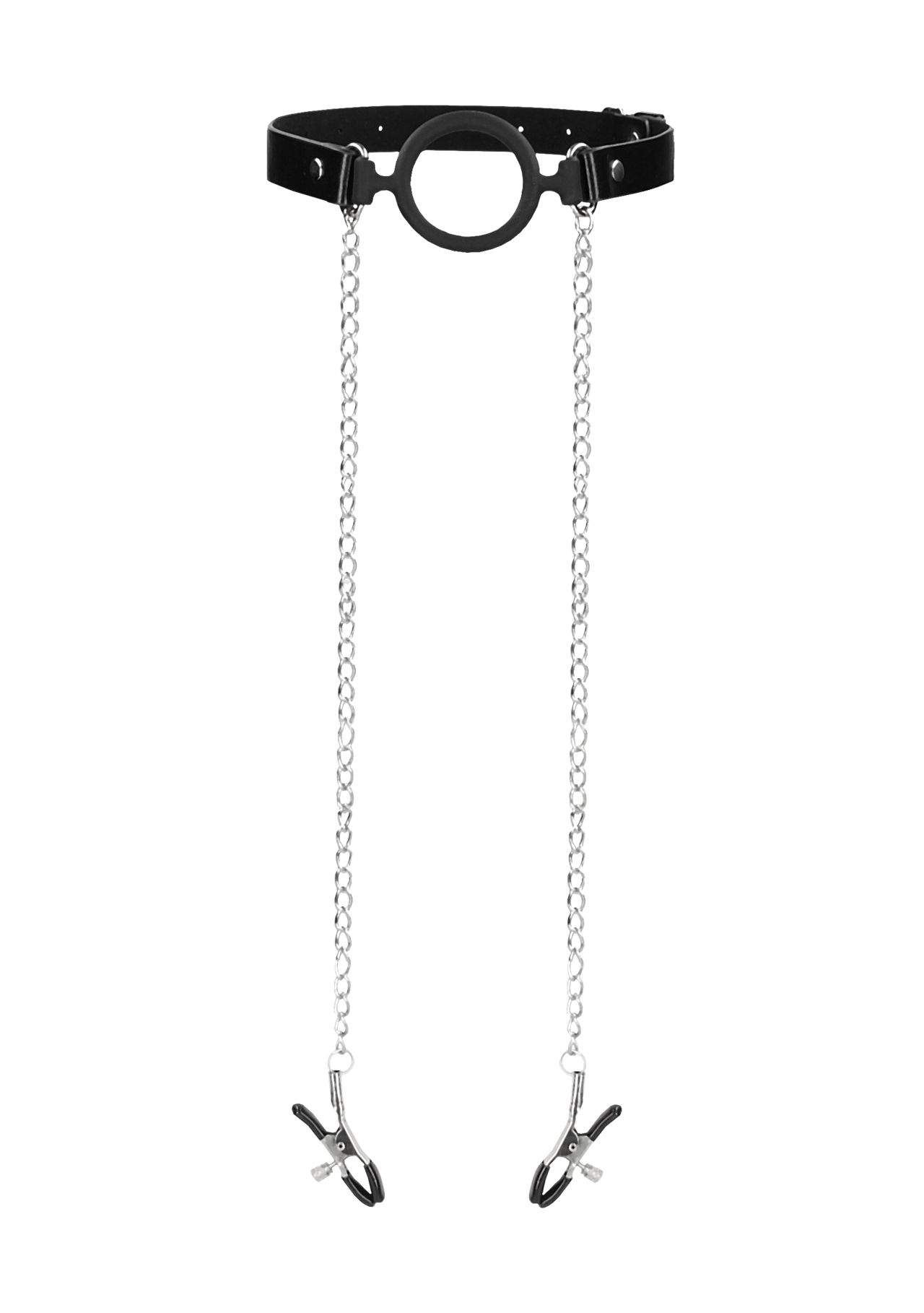 кляп-кольцо на металлической цепочке с зажимами для сосков o-ring gag with nipple clamps в Воронеже