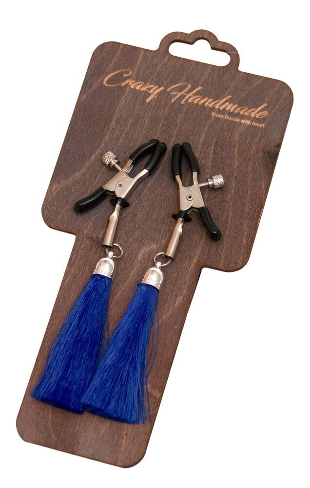 Зажимы на соски PinkRabbit с кисточками из шелка, синие