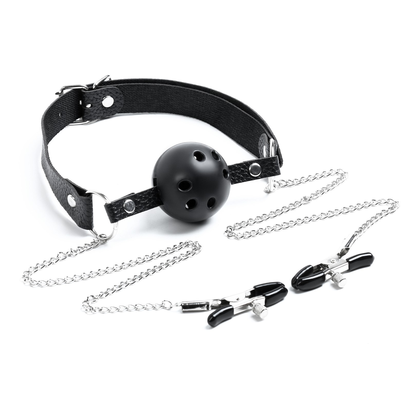 кляп бдсм оки-чпоки, кляп с зажимами для сосков, кожа, металл, черный в Воронеже