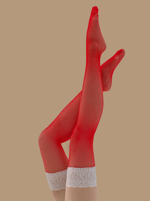 Чулки красные в мелкую сетку с белым кружевом и силиконом, размер 2/3