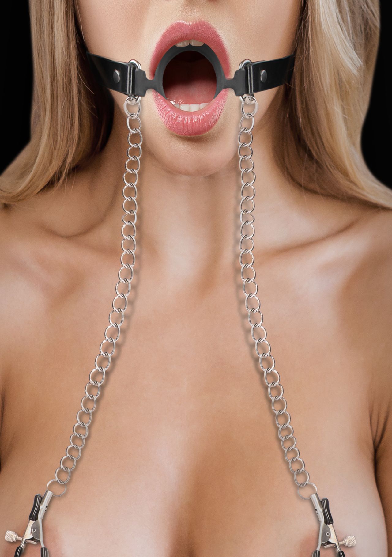 кляп-кольцо на металлической цепочке с зажимами для сосков o-ring gag with nipple clamps в Воронеже