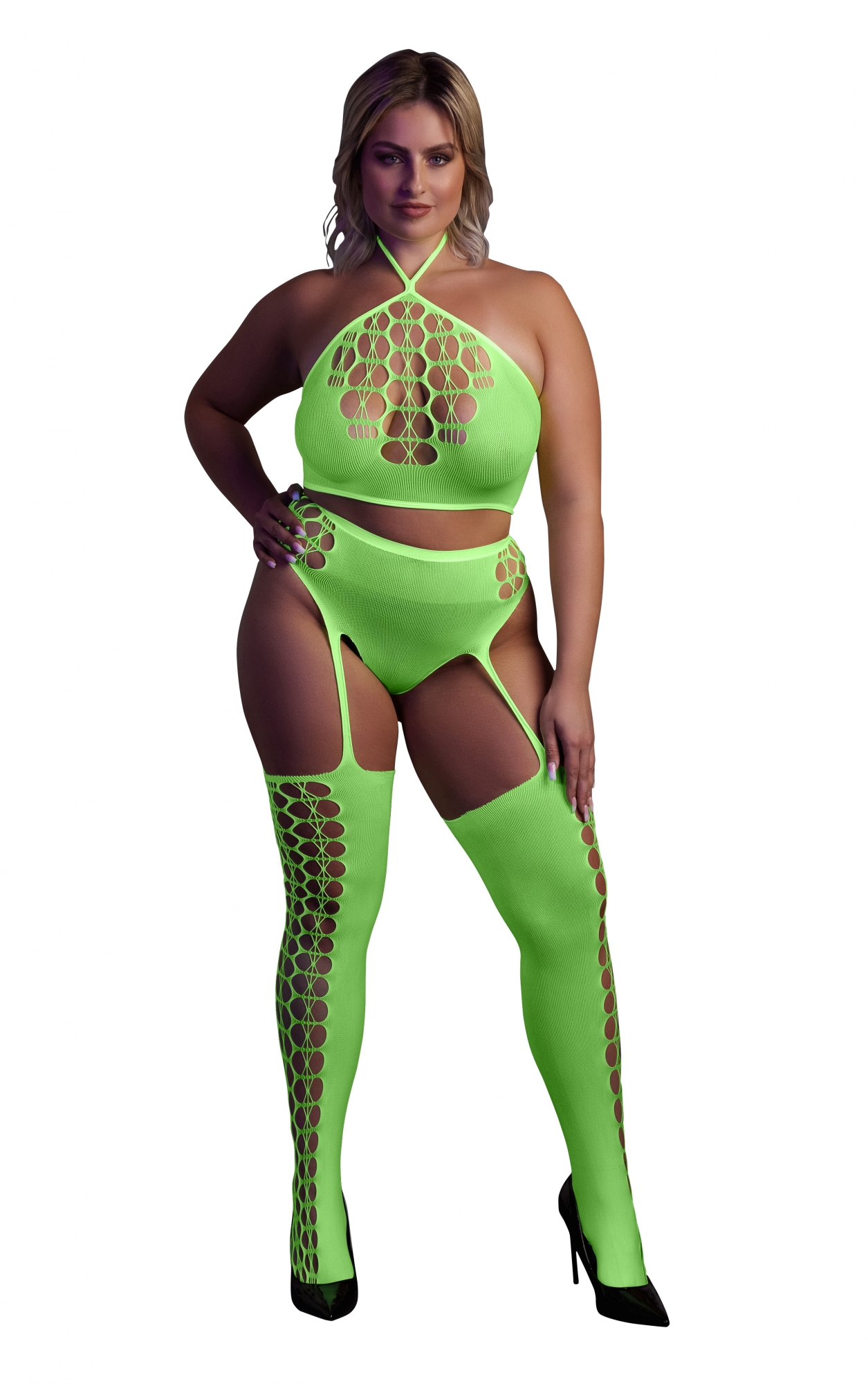 Эротическое топ в комплекте с чулками и трусами two piece with crop top and stockings - green - xl/xxxxl в Воронеже