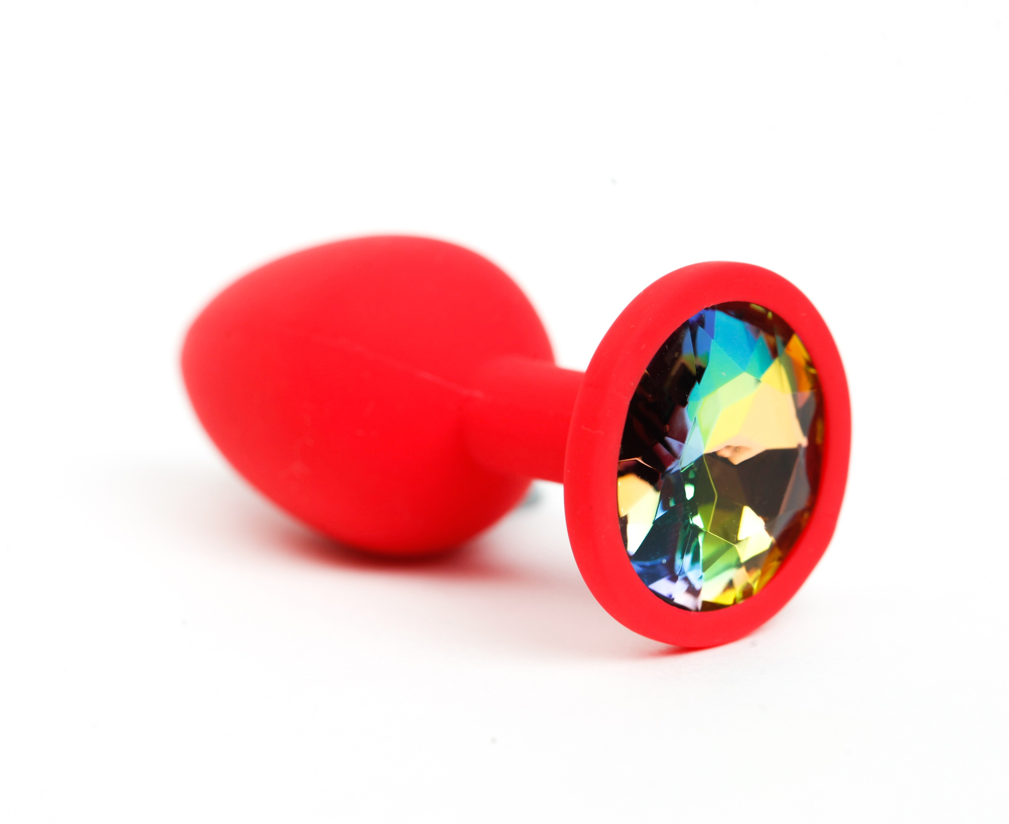 Анальная пробка силиконова красная с радужным  стразом 7,6х2,8 см 47516-MM