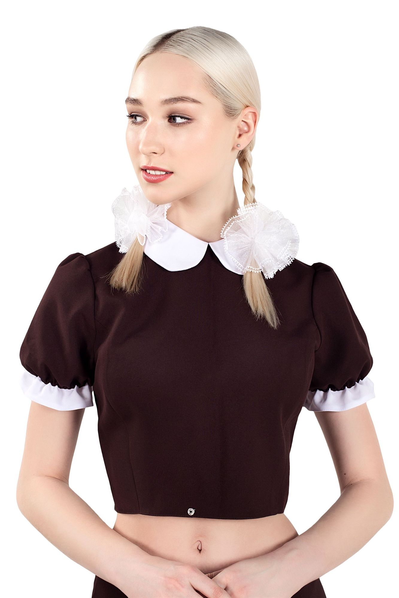 Эротическое верхняя часть костюма «русская школьница», pecado bdsm, топ, банты, коричнево-белый, 40 в Воронеже